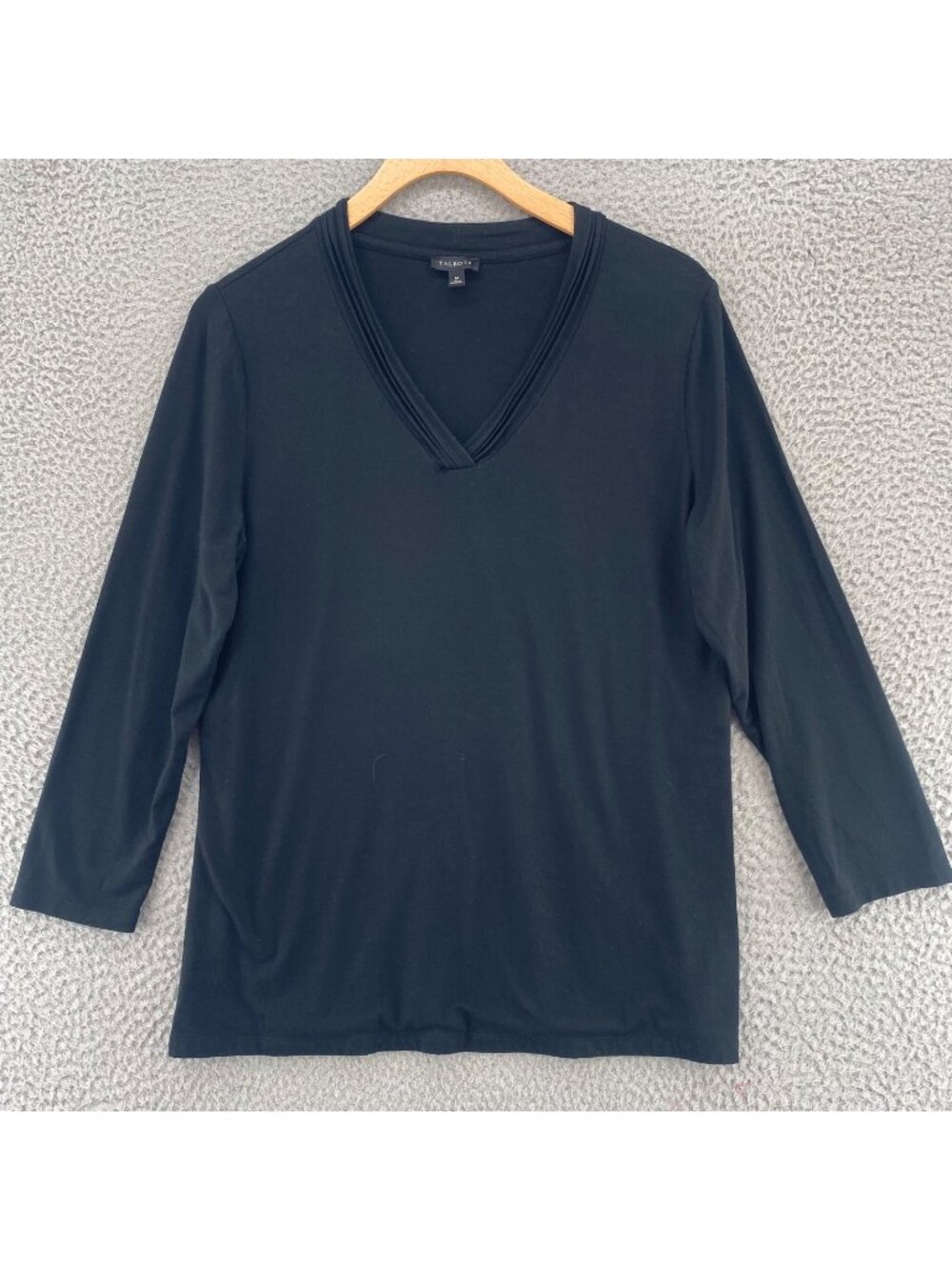 Talbots Top Women Medium Black Pintuck Pleated V Neck Knit Tee Long Sleeve Tunic